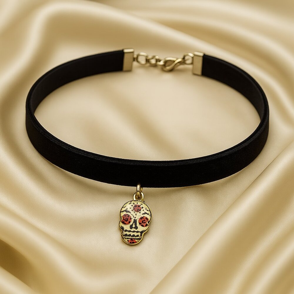Black Velvet Sugar Skull Choker – Gold Enamel Pendant Gothic Necklace